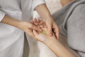 high angle woman getting massaged spa